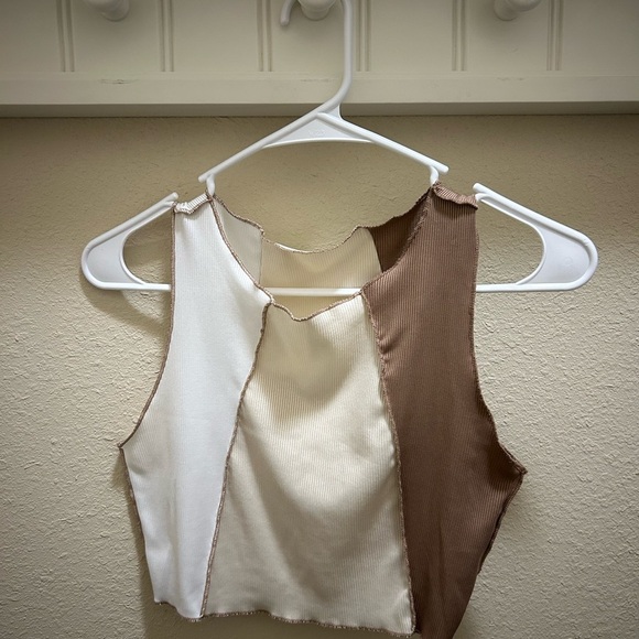 no brand Tops - White and Cream Asymmetrical Crop Tank Top